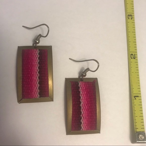 Vintage Earrings Pink Fabric Brass Square Mexican Hippie Boho Jewelry - Picture 5 of 6